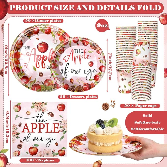 Domensi 250 Pcs Fall Apple Baby Shower Decoration Apple of Our Eye 1st Birthday Party Paper Plates and Napkins Disposable Tableware Sets for Fruit Theme Baby Shower Decors Party Supplies