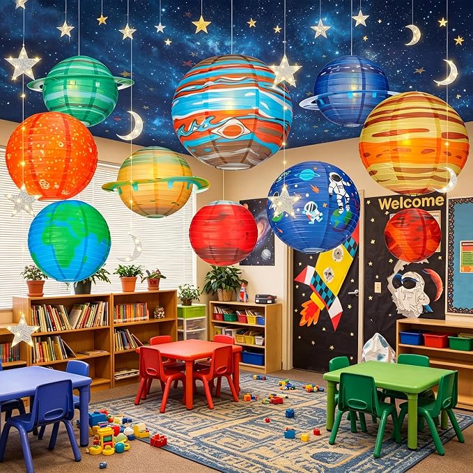 Baquler 32 Pcs Space Ceiling Decoration for Classroom Solar System Paper Lanterns Galaxy Star Moon Hanging Ornament 30 ft LED String Lights Hook Rope for Back to School Kid Party VBS Decor