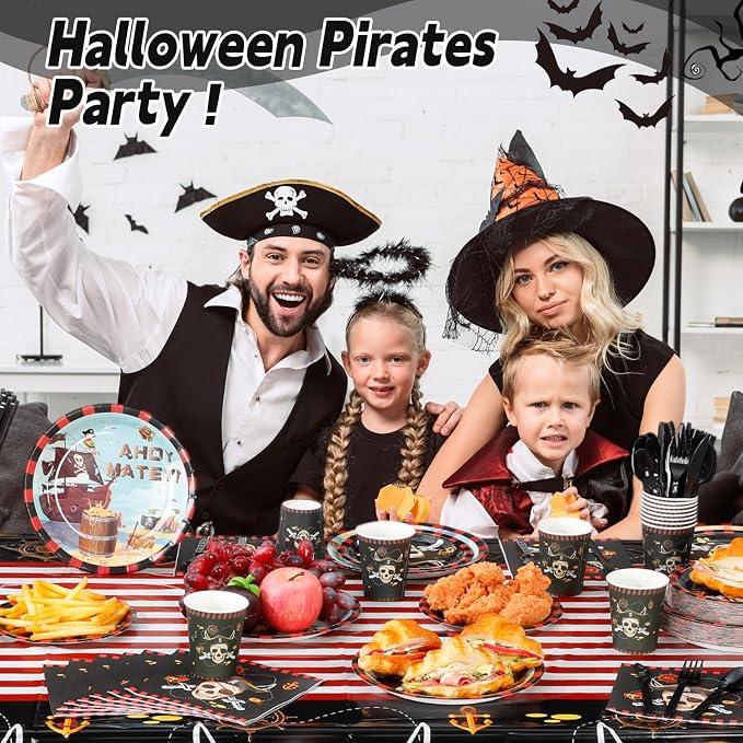 Potchen 452 Pcs Party Supplies Serve 50 Guests, Paper Plates Napkins Cups Cutlery Plastic Tablecloth Dinnerware for Birthday Wedding Party Decoration(Red Black, Pirate)