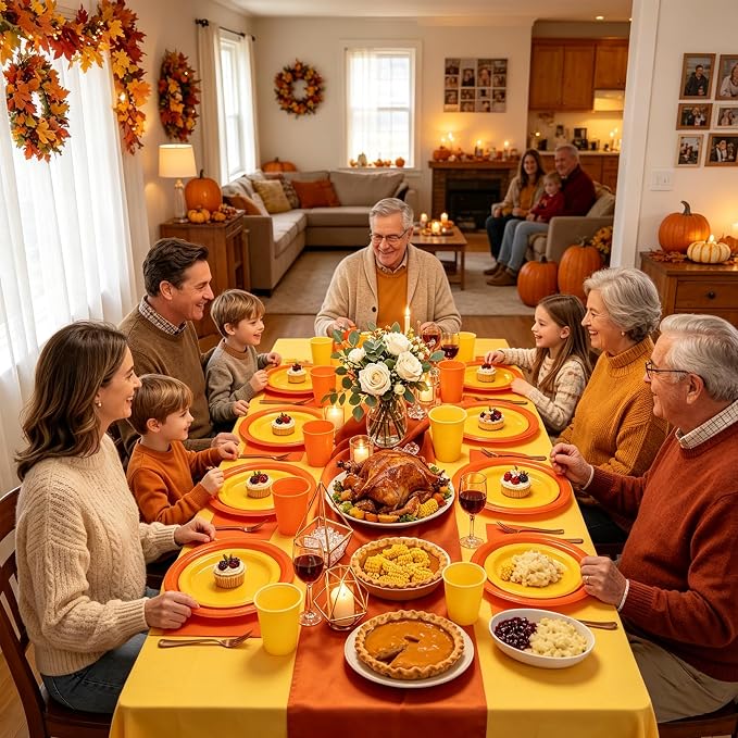 Fall Plastic Plates for Party,Disposable Orange and Yellow Party Supplies,50 of Each 9" Dinner,7" Dessert Plate,Napkins,Cups,Forks and 2 Tablecloth Dinnerware for Birthday & Fall Thanksgiving