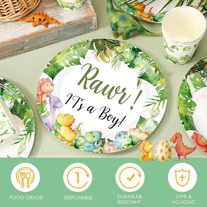 200 Pcs Dinosaur Baby Shower Paper Plates Napkins Cups Baby Shower Party Supplies Tableware Set Dinosaur Disposable Cup Napkin for 50 Guest Girls Spring Party Decoration