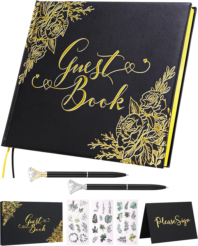 Black Wedding Guest Book - Guest Book Wedding Reception with Pens - 9x7'' Personalized Wedding Guestbook Photo Album Sign in Book - Gold Foil Hardcover & Gilded Edges for Weddings Baby Shower Party