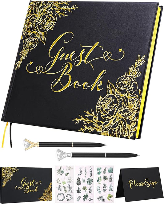 Black Wedding Guest Book - Guest Book Wedding Reception with Pens - 9x7'' Personalized Wedding Guestbook Photo Album Sign in Book - Gold Foil Hardcover & Gilded Edges for Weddings Baby Shower Party