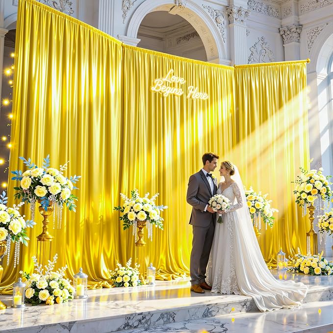 30x10ft Yellow Gold Glitter Backdrop Curtain for Parties, Wrinkle Free Satin Photo Backdrop Drapes 6 Panels 5x10FT Shimmer Back Drop Cloth for Wedding Birthday Baby Shower Photography Background Decor