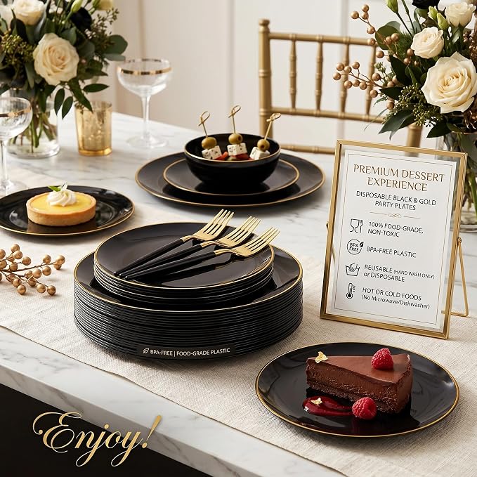 I00000 144Pcs Black and Gold Dessert Plate Set, Including 72Pcs Black and Gold Plastic Plates 7.5" and 72Pcs Disposable forks 8.5", Fancy Salad Plates with Gold Rim for Thanksgiving and Party