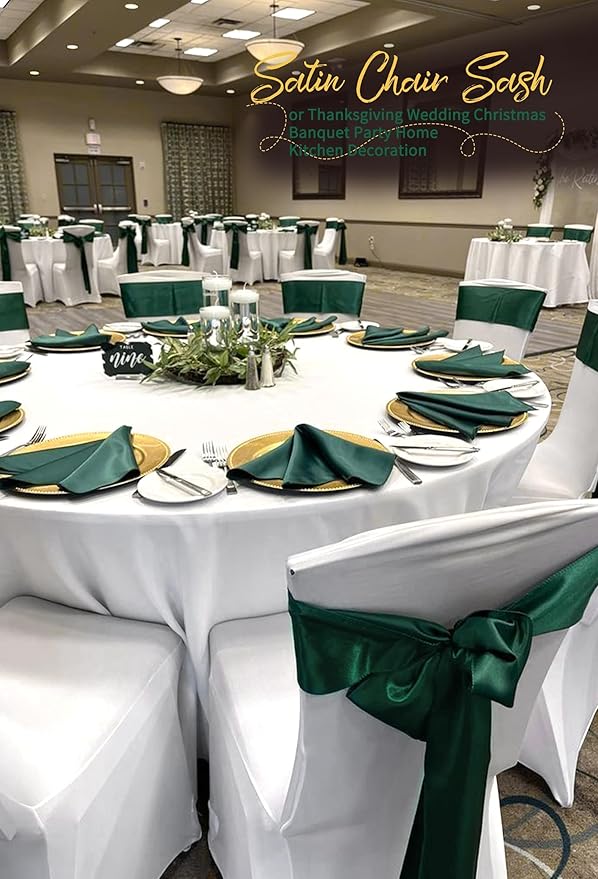 120 PCS Emerald Green Satin Chair Sashes, Ties Bows Designed Chairs Decorative, Chair Cover Sashes for Thanksgiving Wedding Christmas Banquet Party Home Kitchen Decoration (7 x 108 inch)