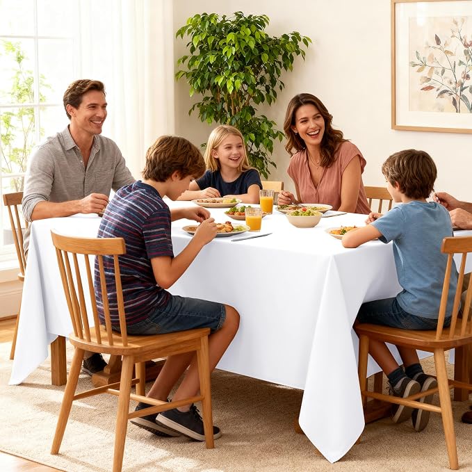 10-Pack White Tablecloths for Rectangle Tables, 70 x 108 Inches, Stain-Resistant Polyester Fabric for 6 Foot Tables - Washable Table Covers for Weddings, Banquets, Birthday Parties, Events