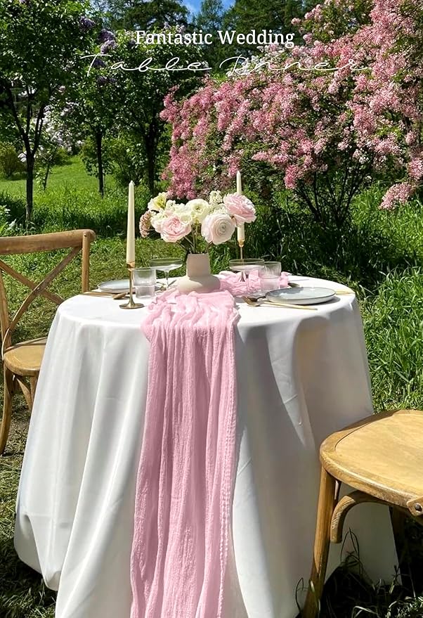 10 Pack Light Pink Cheesecloth Table Runner 17x108 Inch Semi Sheer Boho Gauze Cheese Cloth Table Runners, for Wedding Bridal Shower Birthday Party Home Decor Garden Farmhouse