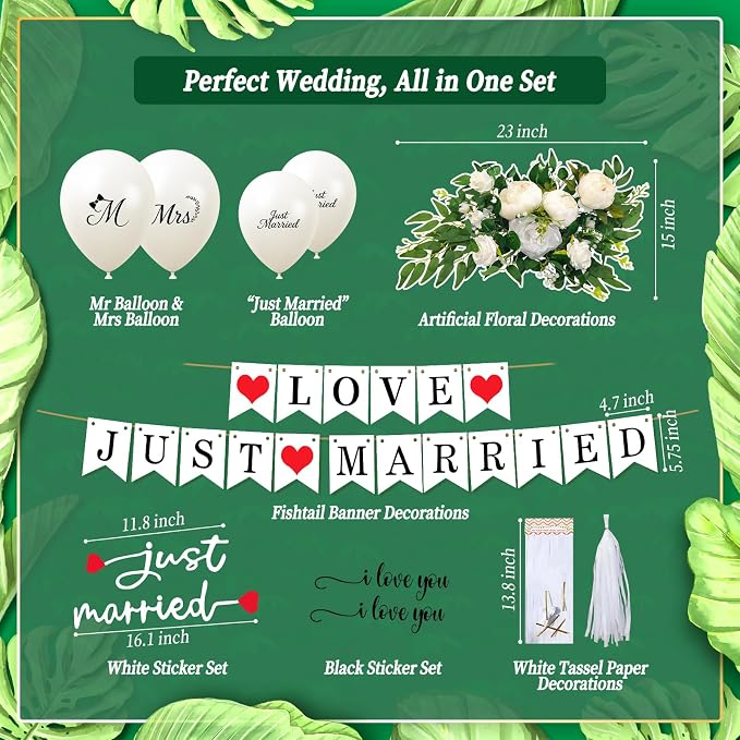 10 Pcs Upgraded Just Married Car Decoration Kit – Elegant Flower Garland Wedding Car Decor with Banners, Tassel & Sticker, Mr & Mrs Balloons, Romantic Accessories for Ceremony, Party & Bridal Shower