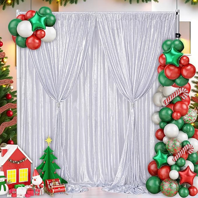 Silver Sequin Backdrop Curtain: Glitter Drapes 9.6ft x10ft Background for Indoor Outdoor Christmas Photography Birthdays Weddings Graduations 2 Panels 4.8FTx10FT