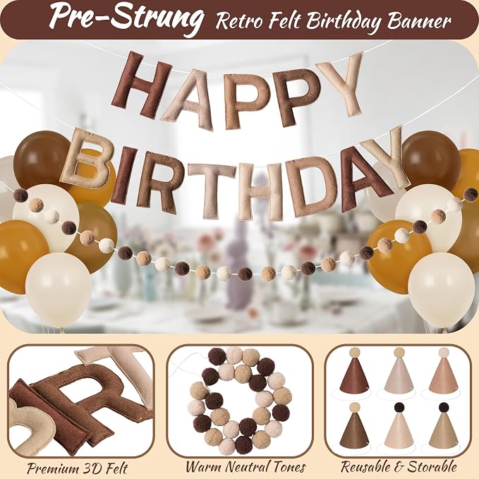 Kriyokiaa Pre-Strung Felt Happy Birthday Banner Retro Brown Happy Birthday Party Decorations with Party Hats for Stuffed Animals, Pom Pom Garland and Balloons for Women Men Boys Girls Party Decor
