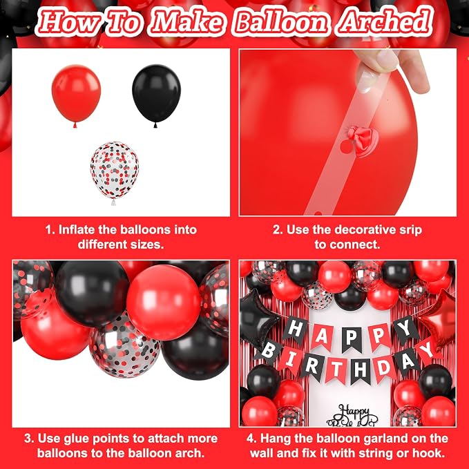 Red and Black Party Decorations for Men Women Boys Girls, Red Black Confetti Balloons 'HAPPY BIRTHDAY' Banner Fringe Curtains Foil Balloons Cake Topper for Birthday Party Decor