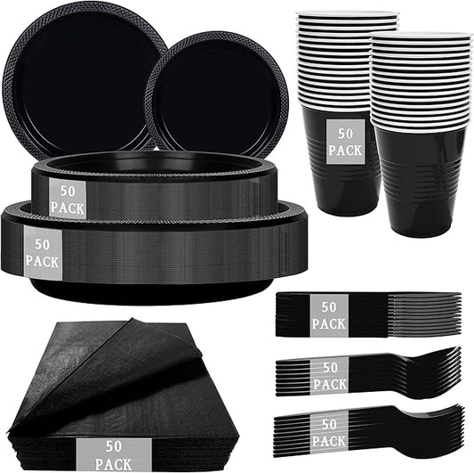 MirthMood 350PCS Black Disposable Plates,Black Plates,Plastic Party Supplies, Includes 50 Dinner Plates, 50 Salad Plates, 50 Silverware, 50 Napkins and 50 12OZ Cups for Wedding & Birthday & Party