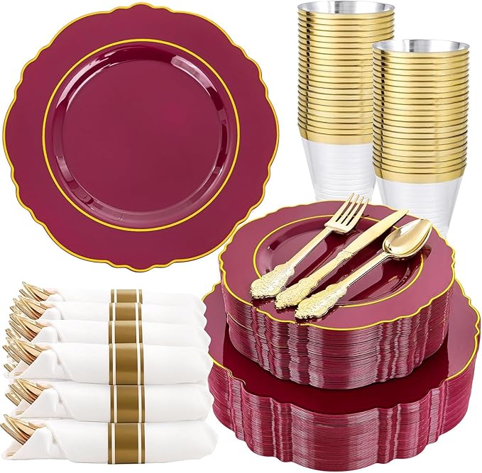 Liacere 350PCS Red Plastic Plates-Disposable Burgundy Red and Gold Plates 50guest Baroque Plastic Dinnerware include 100Plates, 50Pack Pre Rolled Napkins with Silverware 50Cups for Party & Wedding