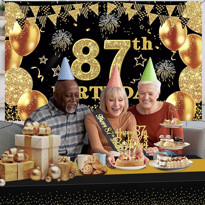 87th Birthday Decorations Men Women with 87th Birthday Banner, Black and Gold Table Cloth, Number Balloons, Sash, Cake Topper and Candles
