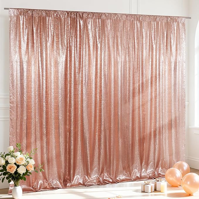 SquarePie 10x10ft Rose Gold Sequin Backdrop for Photography, Satin-Backed Real Sequin Curtain, Enhanced Coverage Shimmering Background with 4" Rod Pocket for Wedding, Birthday, Party Decor, 1 Panel