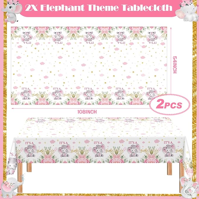 405 Pcs Pink Elephant Style Baby Shower Decorations for Girl, It's a Girl Tableware Set Baby Shower Plates Napkins Cup Cutlery, Pink Elephant Party Supplies with Tablecloth, Serves 50 Guests