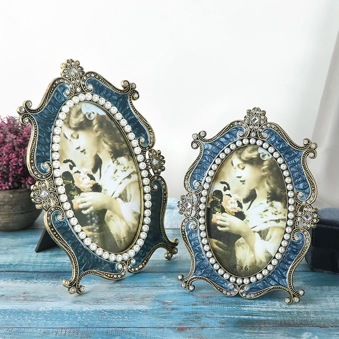 Oval Vintage Picture Frame 4x6 Antique Decor Christmas Ornament Ornate Blue Metal Photo Frame with Glass Front Art Table Top Retro Home Decor Gifts for Birthday Valentines
