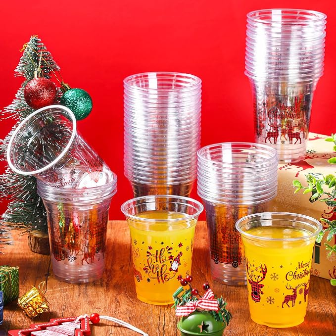 FoldTier 50 Pcs Merry Christmas Buffalo Plaid Plastic Cups - 12 oz Clear Disposable Drinking Cups for Home Xmas Theme Party Favors & Kitchen Supplies