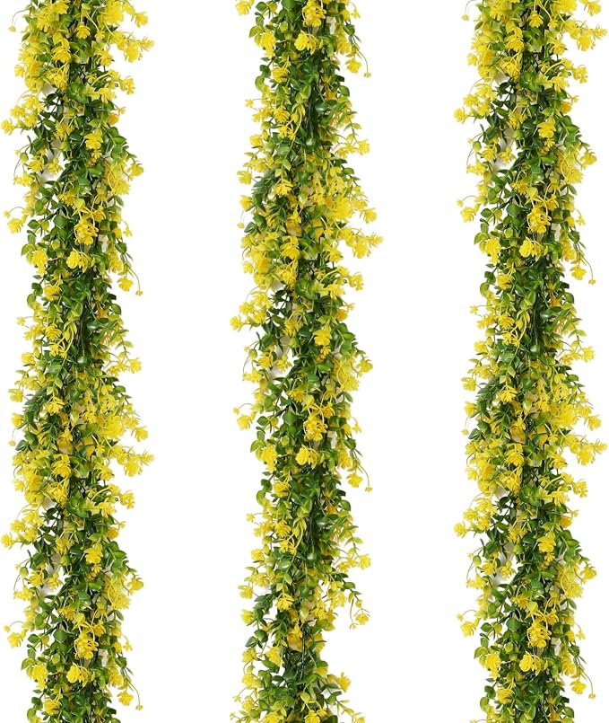 RECUTMS 3Pcs Hanging Garland Plants Artificial Eucalyptus Garland Fake Hanging Eucalyptus Leaf Garlands with Flowers Faux Vine Plants for Indoor Outdoor Spring Home Wall Arch Wedding Decor(Yellow)