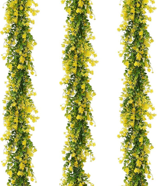 RECUTMS 3Pcs Hanging Garland Plants Artificial Eucalyptus Garland Fake Hanging Eucalyptus Leaf Garlands with Flowers Faux Vine Plants for Indoor Outdoor Spring Home Wall Arch Wedding Decor(Yellow)