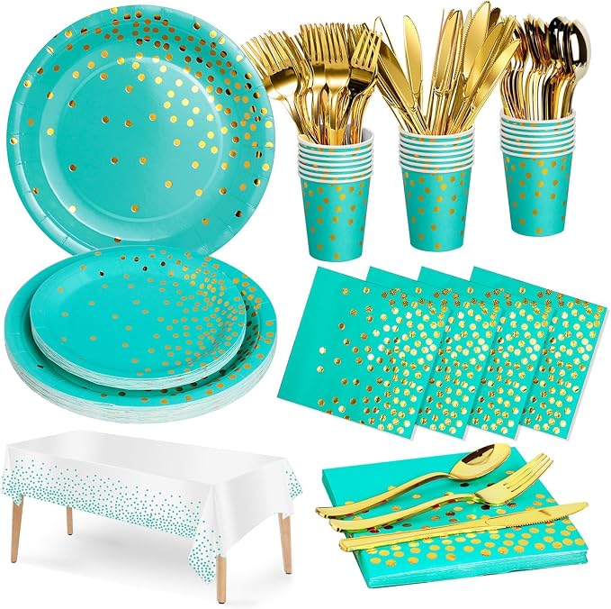 Nkaiso 141 Pieces Blue Green and gold Party Supplies, Disposable Party Decorations Sets Include Paper Plates Napkins Cups, Plastic Forks Knives Spoons, for Baby Shower Birthday Wedding -20 Guests