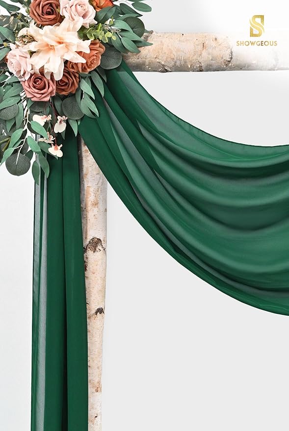 Wedding Arch Draping Fabric,4 Panels 28" x18ft Emerald Green Wedding Arch Drapes for Ceremony Sheer Chiffon Fabric Drapes Arbor Drapery Decorations for Reception Party