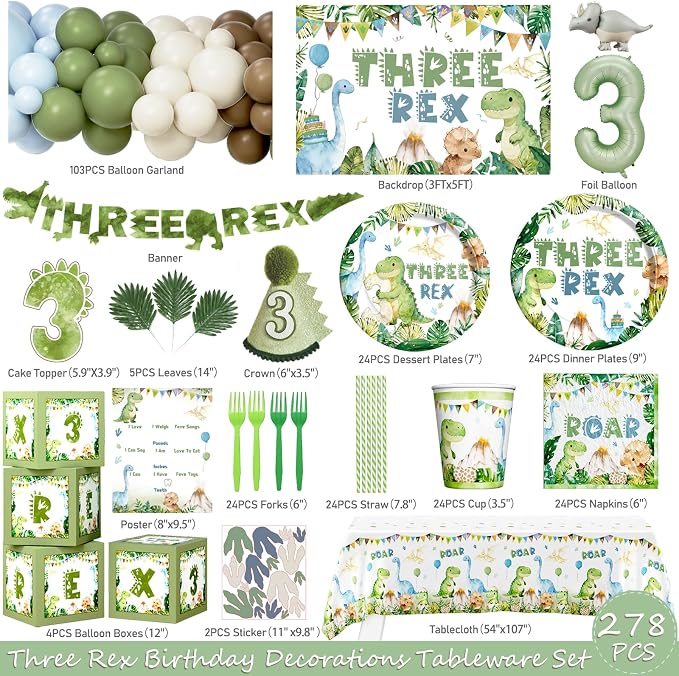 Costova Three Rex Birthday Decorations Boy, Dinosaur 3rd Birthday Party Supplies Kit with Tableware Set, Plates, Napkins, Cups, Backdrop, Boxes, Tablecloth for Boys 3 Year Old Jungle Safari