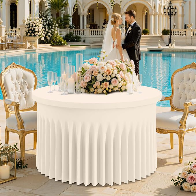 Smiry Round Spandex Tablecloth 2 Pack, Elastic Fitted Washable Tablecloths for 72 Round Tables, Waterpoof Stretch Table Cover Skirt for Outdoor, Wedding, Banquet & Parties, Beige