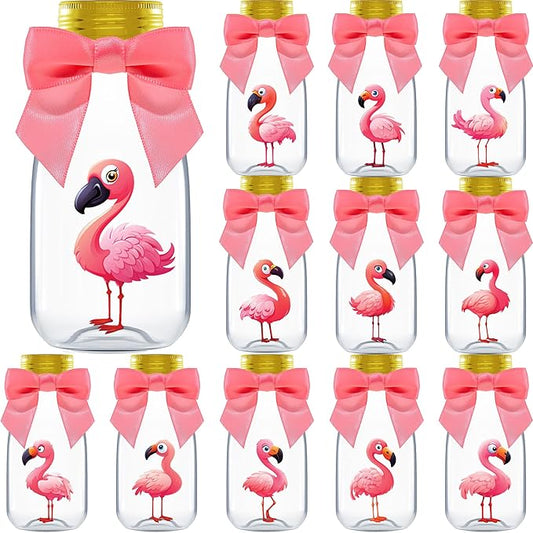 Ethisa Small 12 Pack Flamingo Party Favors - DIY Candy Jars with Ribbons and Stickers - Party Decoration Bottles for Birthday, Baby Shower and Bachelorette - Pink Table Centerpiece for Adults