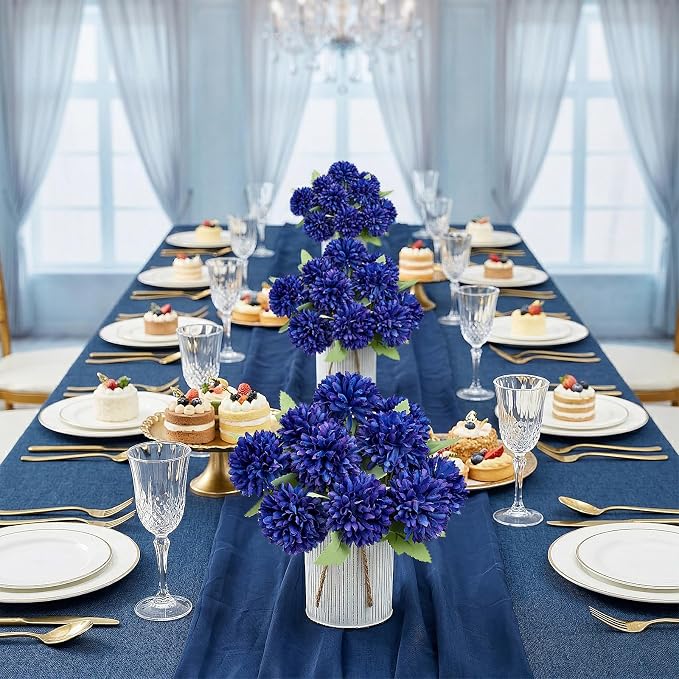 Pre-Made Flower Table Centerpieces, Set of 6 Artificial Silk Chrysanthemum with Farmhouse Metal Vases for Wedding, Birthday Parties, Home, Dining Table Decorations - Royal Blue
