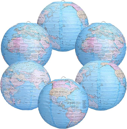 Globe Hanging Paper Lanterns, Around The World Earth Day Decorations, Travel Themed Paper Lanterns for Classroom Decorations Travel Party Decorations (12 inch, 6pcs)