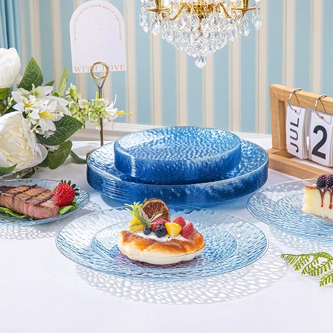 Rubtlamp 100 Pcs Blue Plastic Plates,Heavy Duty plastic Plates,Fancy Blue Disposable Plates, Hammered Plastic plates Include 50 Pcs Dessert Platos, 50 Pcs Dinner Platos for Party