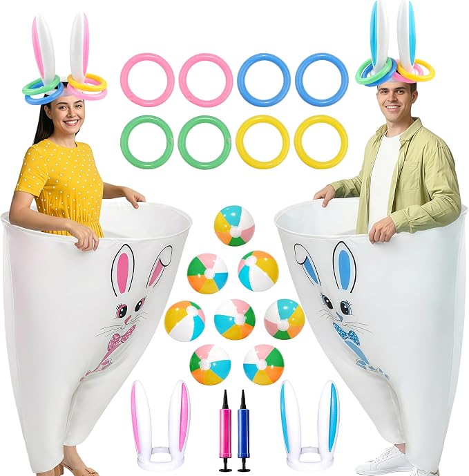 Letsroar Easter Granny Pants Yard Game Inflatable Bunny Ears Ring Toss Game Set with Bouncy Balls Pump for Adults - Outdoor Lawn Games for Easter Parties, Spring Festival and Tailgate Parties