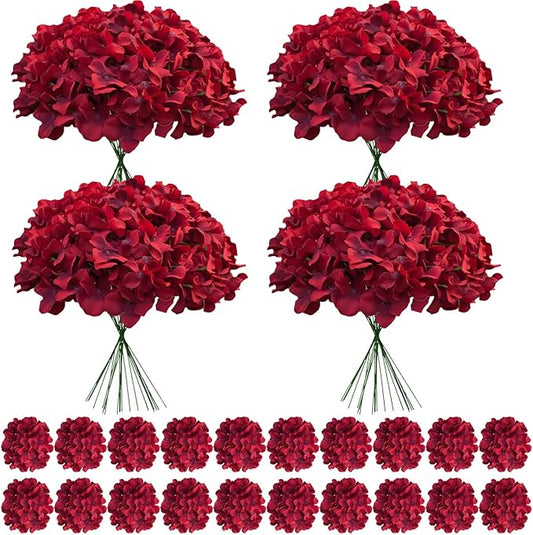 100 Pcs Faux Deep Red Hydrangea Artificial Flowers Bulk, Fake Silk Hydrangea Flowers Heads with Stems for Wedding Decorations Garden Party Baby Shower Porch Home Decor Table Centerpieces