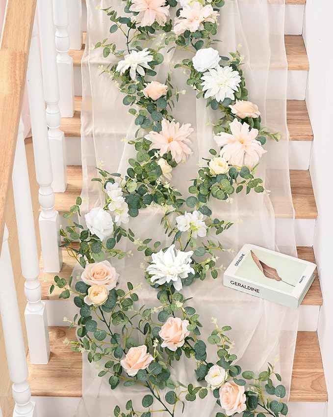 Waipfaru 6Ft Eucalyptus Greenery Garland with Flowers, Flower Rose Garland Decorations for Wedding Table Runner Centerpieces Backdrop Party Room Decor (White)