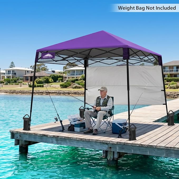 EAGLE PEAK 8x8 Pop Up Canopy Tent with Sidewall, Compact, Portable Slant Leg Instant Sun Shelter for Beach, Sports, & Camping, 8x8 Base 6x6 Top, Purple