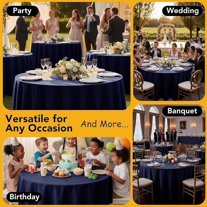 10-Pack Navy Blue Round Tablecloths, 90 Inches, Stain-Resistant Polyester for 4-5 Ft Round Tables - Washable Table Covers for Weddings, Banquets, Birthday Parties, Events