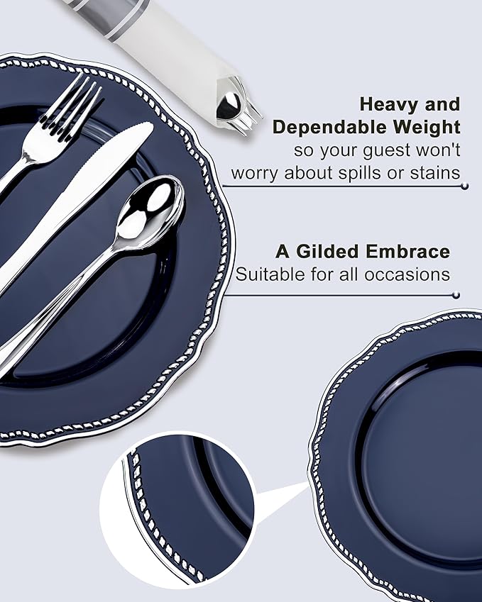 Hioasis 350pcs Blue Silver Plastic Plates - Silver Plastic Dinnerware Set Includes 50 Dinner Plates, 50 Dessert Dinnerware, 50 Cups, 50 Napkins Perfect for Wedding & Party