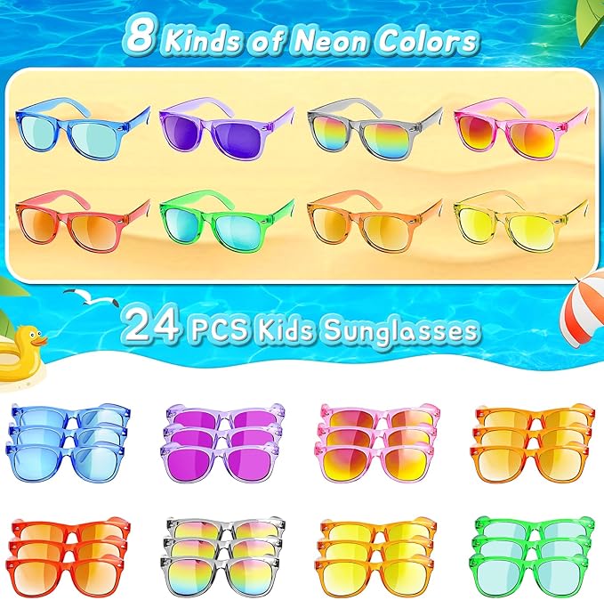 GKTZ Kids Sunglasses Party Favors - Boys Girls Age 3-8 Birthday Goodie Bags Stuffers, Neon Sunglasses Bulk with UV 400 Protection for Kids Classroom Favors - 24 Packs