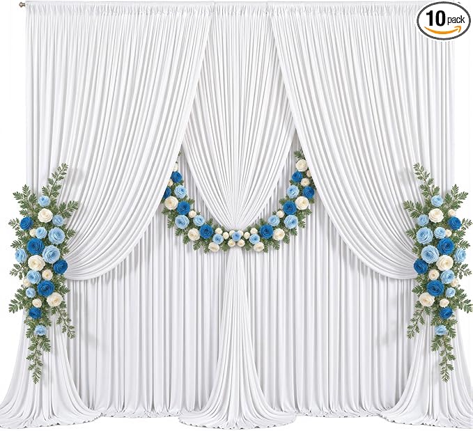 50x10ft White Backdrop Curtains for Parties Wedding Photo Wrinkle Free White Drapes Backdrop Polyester Photoshoot Back Drop for Baby Shower Birthday Party Photography Background 10 Panels 5x10FT