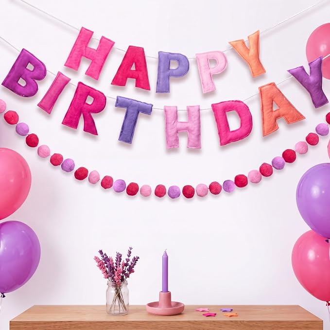Mindsoft 2 Pcs 9.83ft Pre Strung 3D Happy Birthday Felt Fabric Banner with Ball Garland Reusable Pom Pom Garland for Birthday Party Decorations Sign Photo Prop Boys Girls(Pink Purple Color)
