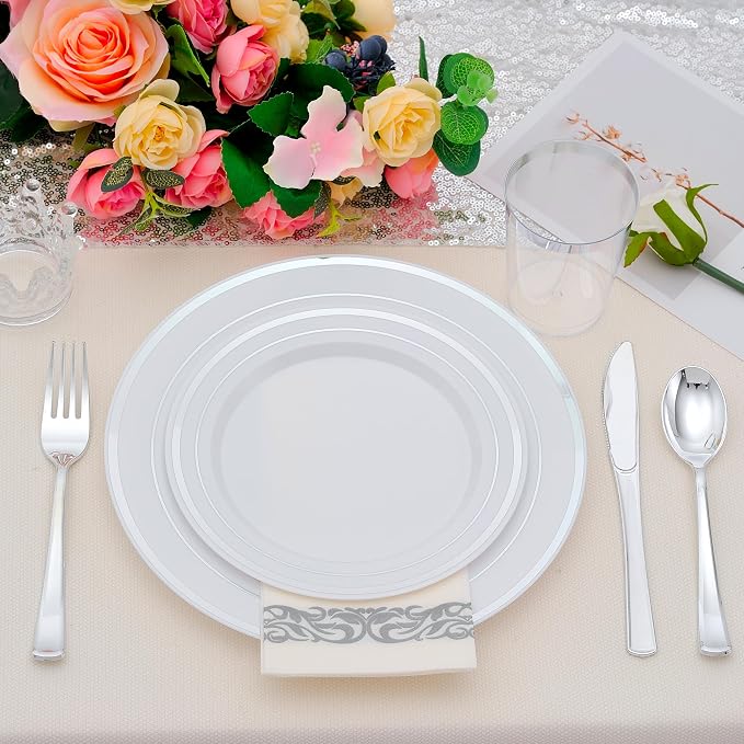 700 PCS Silver Plastic Dinnerware for 100 Guests, Silver Disposable Plate for Party Wedding with 100 Dinner Plates, 100 Dessert Plates, 100 Silverware Set, 100 Cups, 100 Napkins