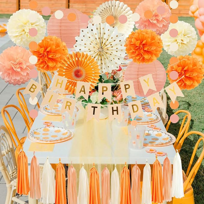 Orange Beige Fall Boho Birthday Party Decorations Autumn Sweet Peach Birthday Women Girls Groovy Paper Lanterns Tissue Pom Poms Paper Fans Tassel Gralands Fall Orange Birth day Party Decoration