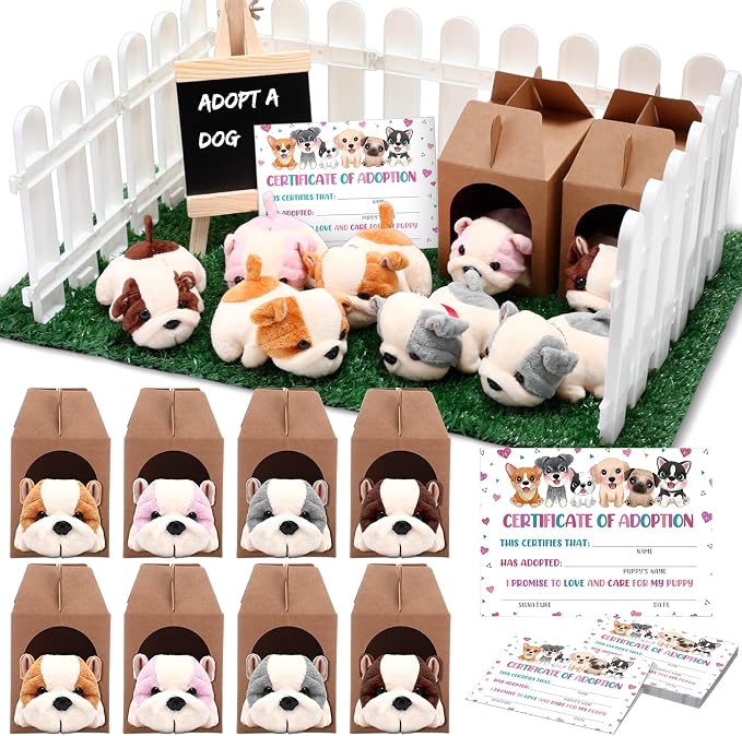 Blueweenly 84 Pcs Adopt a Pet Party Supplies 24 Mini Animals 10 White Plastic Fence 24 Paper Gift Boxes 24 Adoption Cards with Mini Chalkboard and Artificial Lawn(Shar Pei)