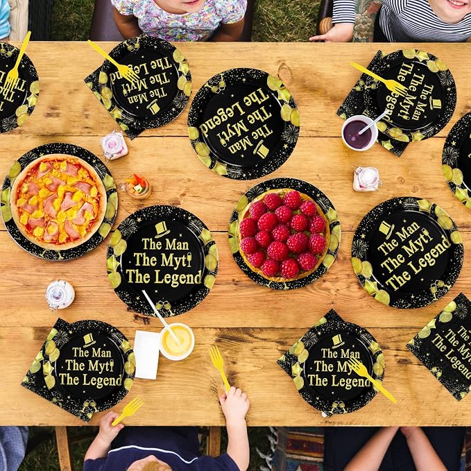 96 Pcs The Man The Myth The Legend Party Decorations Mens Birthday Plates and Napkins Disposable Black and Gold Tableware Set for Fathers Day Birthday Retirement Party Supplies Serves 24