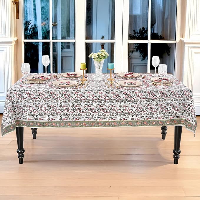 Ridhi Coral Pink Hand Block Print Cotton Rectangle Tablecloth 120" x 60" inches Reusable Table Cover Decorative Everyday Use for Dining Room, Farmhouse, Home Gift for Spring, Mother's Day