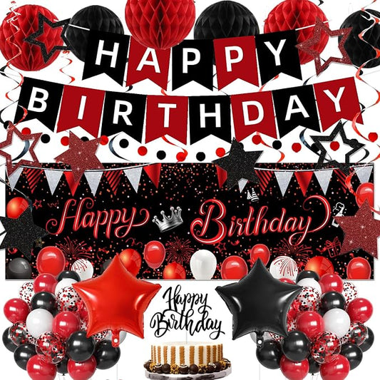 Red Black Birthday Decorations, Happy Birthday Banner, Backdrop, Balloons, Honeycomb Balls, Star Foil Balloons, Stars Hanging Swirls & Cake Topper for Baby Boys Girl Men Women Birthday Decoration