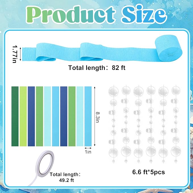 500 Sheets Under The Sea Paper Chain Strips Garlands Set, 492ft Blue Green Crepe Paper Streamers and 33ft Clear Bubble Garland for Ocean Theme Birthday Party Baby Shower Hanging Decorations