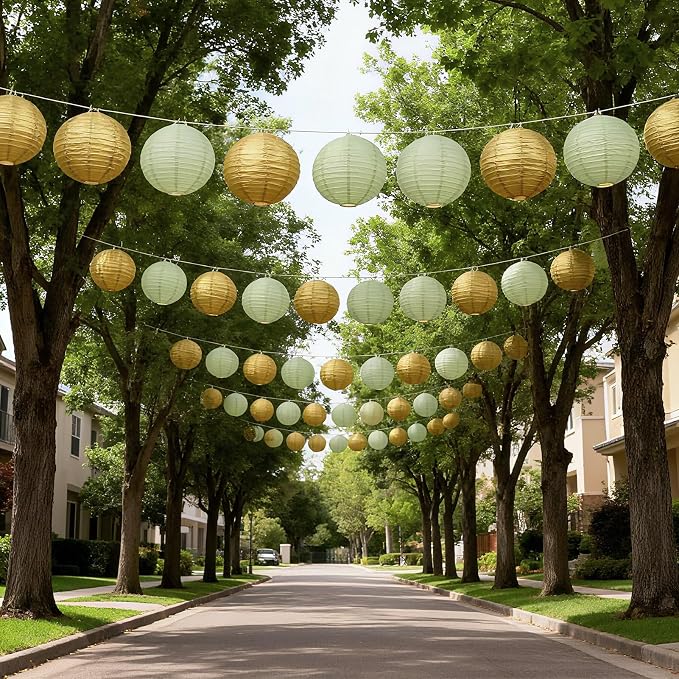 20Pcs Paper Lanterns Decorative, Sage Green and Gold Round Hanging Paper Lanterns Decorations for Rustic Party Bridal Shower Wedding Birthday Home Decor